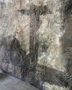Hand-crafted textured relief wall panel with botanical artwork for Dubai commercial interior